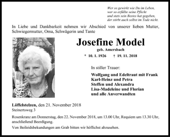 Traueranzeige von Josefine Model von Fränkische Nachrichten