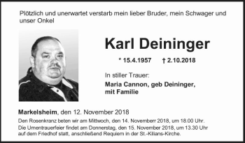 Traueranzeige von Karl Deininger von Fränkische Nachrichten