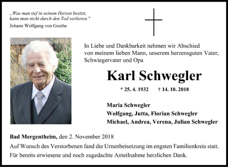  Traueranzeige für Karl Schwegler vom 02.11.2018 aus Fränkische Nachrichten