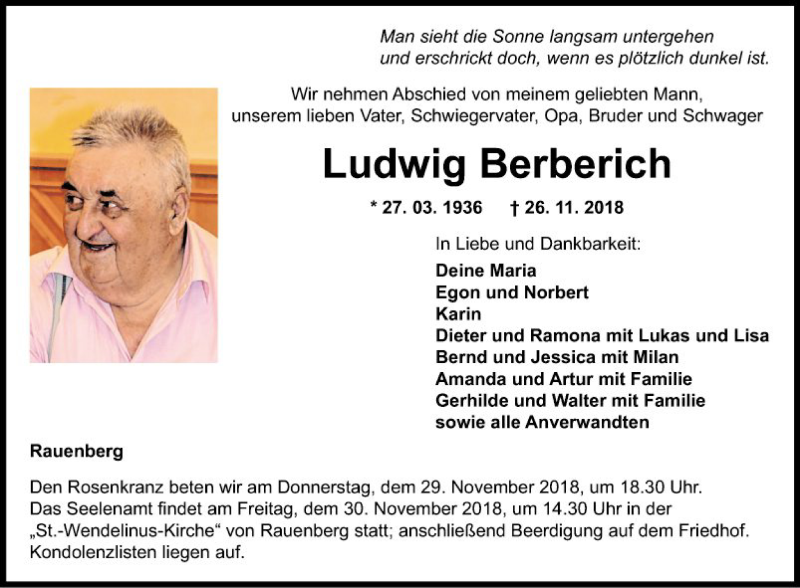  Traueranzeige für Ludwig Berberich vom 28.11.2018 aus Fränkische Nachrichten