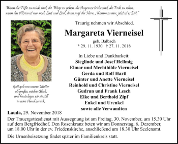 Traueranzeige von Margareta Vierneisel von Fränkische Nachrichten