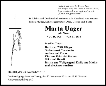 Traueranzeige von Marta Unger von Fränkische Nachrichten
