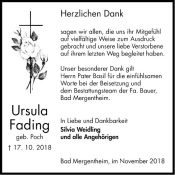 Traueranzeige von Ursula Fading von Fränkische Nachrichten