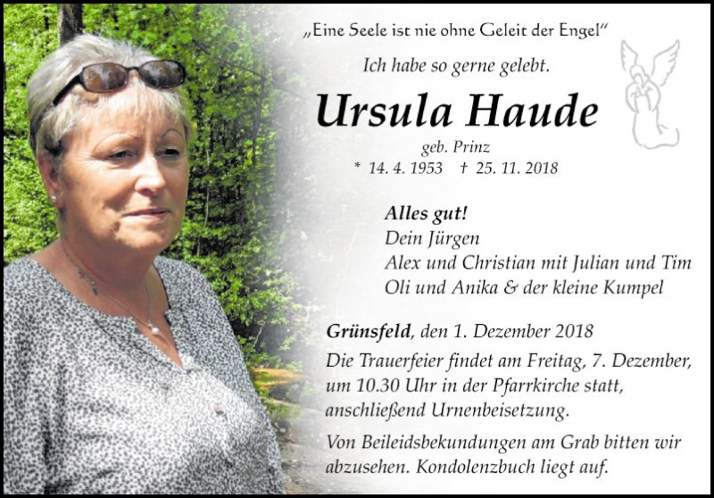  Traueranzeige für Ursula Haude vom 01.12.2018 aus Fränkische Nachrichten
