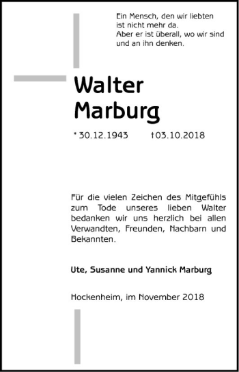 Traueranzeige von Walter Marburg von Schwetzinger Zeitung