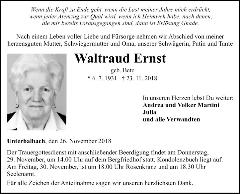  Traueranzeige für Waltraud Ernst vom 26.11.2018 aus Fränkische Nachrichten