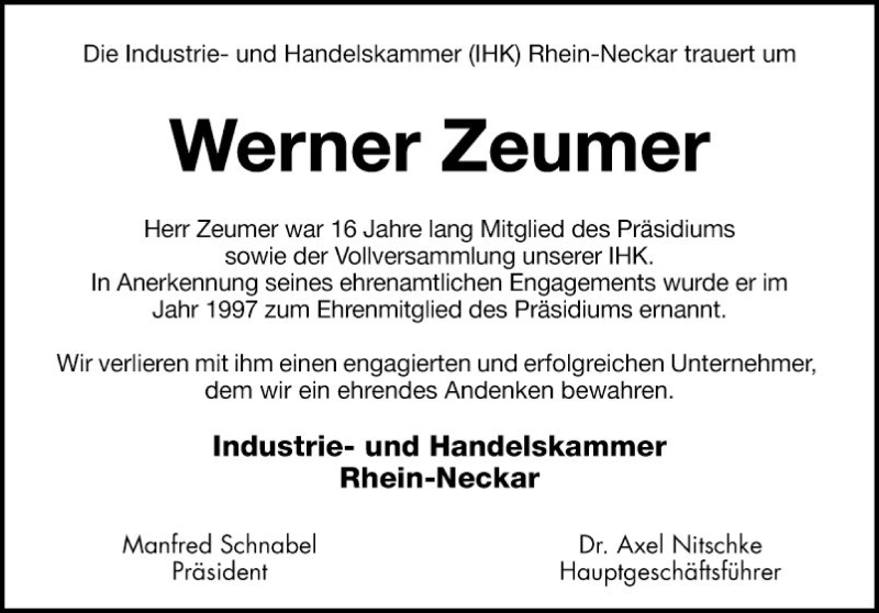  Traueranzeige für Werner Zeumer vom 24.11.2018 aus Mannheimer Morgen