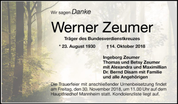 Traueranzeige von Werner Zeumer von Mannheimer Morgen