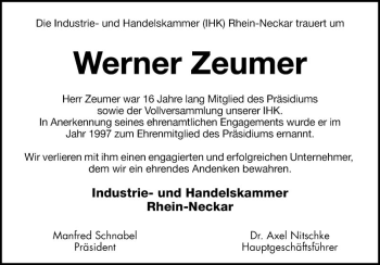 Traueranzeige von Werner Zeumer von Mannheimer Morgen