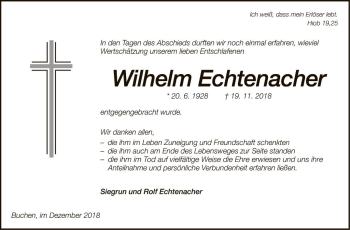 Traueranzeige von Wilhelm Echtenacher von Fränkische Nachrichten