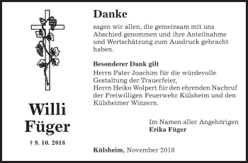 Traueranzeige von Willi Fuger von Fränkische Nachrichten