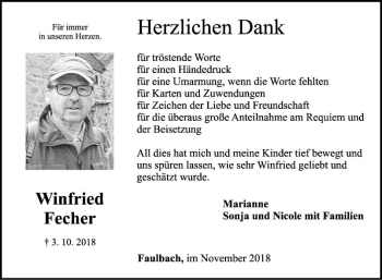 Traueranzeige von Winfried Fecher von Fränkische Nachrichten