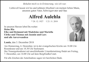 Traueranzeige von Alfred Aulehla von Fränkische Nachrichten