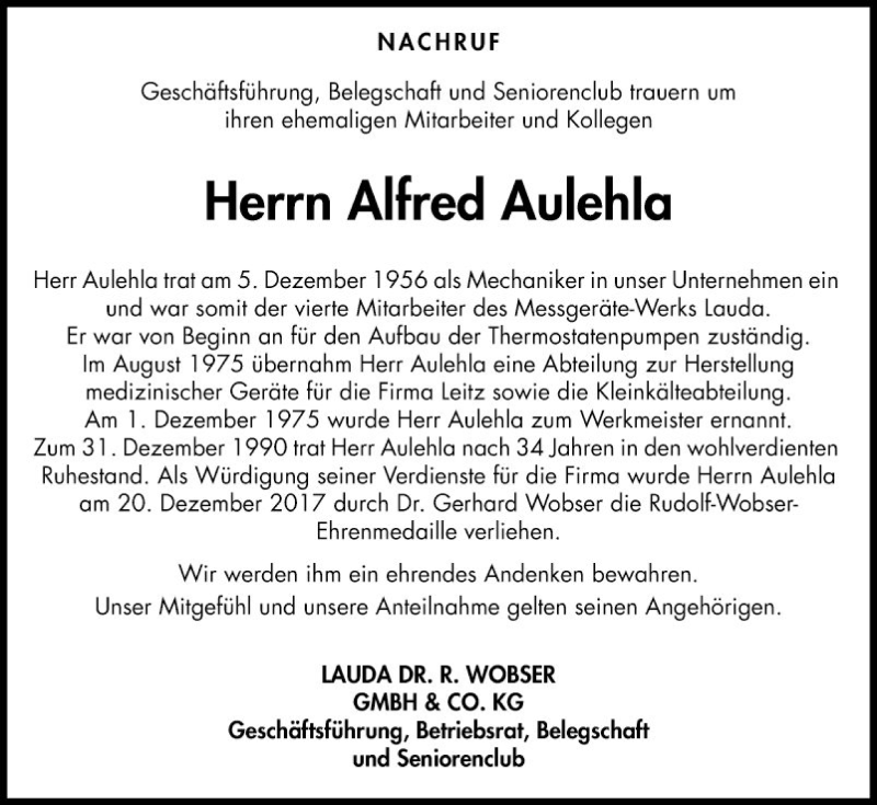  Traueranzeige für Alfred Aulehla vom 05.12.2018 aus Fränkische Nachrichten