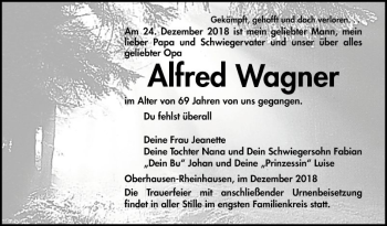 Traueranzeige von Alfred Wagner von Schwetzinger Zeitung