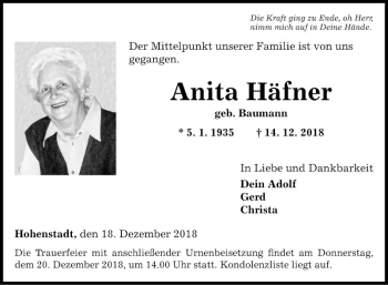Traueranzeige von Anita Häfner von Fränkische Nachrichten