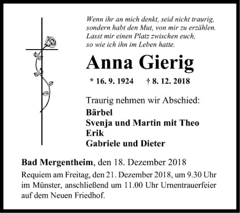  Traueranzeige für Anna Gierig vom 18.12.2018 aus Fränkische Nachrichten
