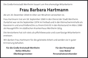 Traueranzeige von Barbara Hartmann von Fränkische Nachrichten