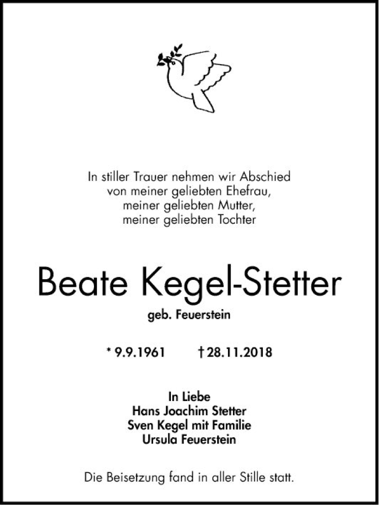  Traueranzeige für Beate Kegel-Stetter vom 08.12.2018 aus Mannheimer Morgen