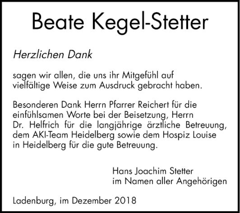  Traueranzeige für Beate Kegel-Stetter vom 22.12.2018 aus Mannheimer Morgen