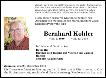 Traueranzeige von Bernhard Kohler von Fränkische Nachrichten