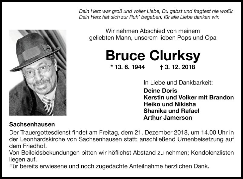  Traueranzeige für Bruce Clurksy vom 15.12.2018 aus Fränkische Nachrichten