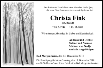 Traueranzeige von Christa Fink von Fränkische Nachrichten