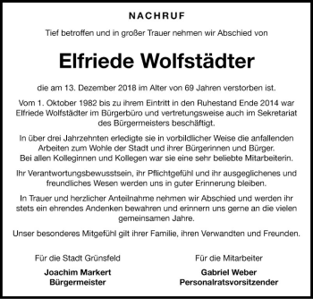 Traueranzeige von Elfriede Wolfstädter von Fränkische Nachrichten