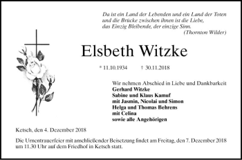 Traueranzeige von Elsbeth Witzke von Schwetzinger Zeitung