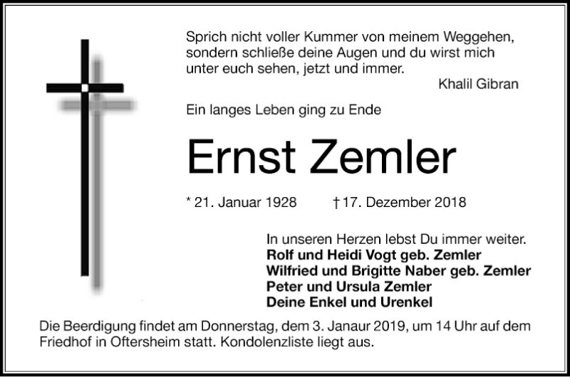  Traueranzeige für Ernst Zemler vom 28.12.2018 aus Schwetzinger Zeitung