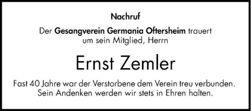  Traueranzeige für Ernst Zemler vom 31.12.2018 aus Schwetzinger Zeitung