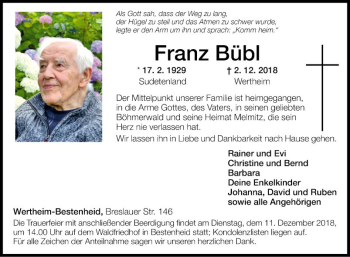 Traueranzeige von Franz Bübl von Fränkische Nachrichten