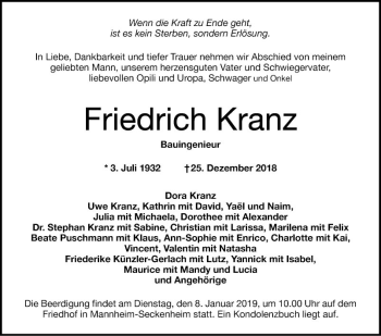 Traueranzeige von Friedrich Kranz von Mannheimer Morgen