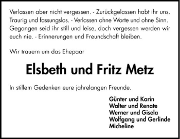 Traueranzeige von Fritz Metz von Mannheimer Morgen