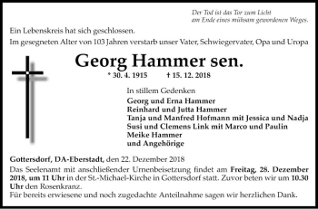 Traueranzeige von Georg Hammer von Fränkische Nachrichten
