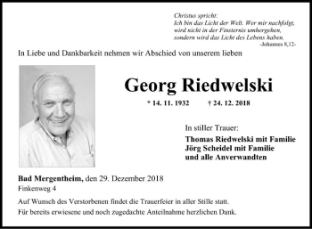 Traueranzeige von Georg Riedwelski von Fränkische Nachrichten