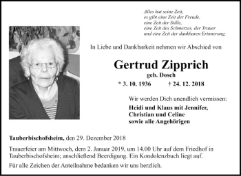 Traueranzeige von Gertrud Zipprich von Fränkische Nachrichten