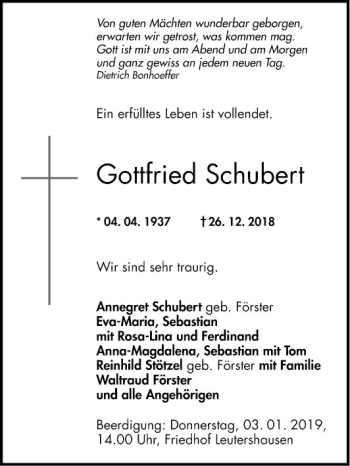 Traueranzeige von Gottfried Schubert von Mannheimer Morgen