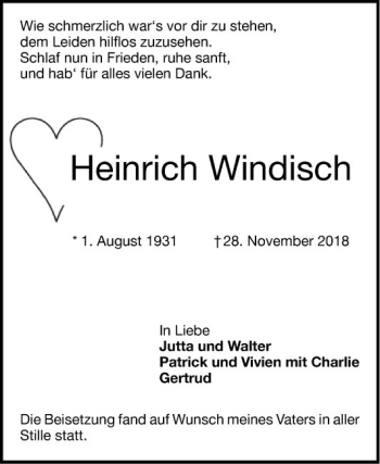 Traueranzeige von Heinrich Windisch von Schwetzinger Zeitung