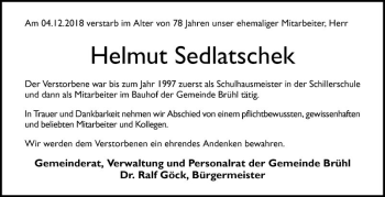 Traueranzeige von Helmut Sedlatschek von Schwetzinger Zeitung