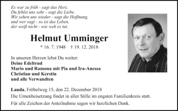 Traueranzeige von Helmut Umminger von Fränkische Nachrichten