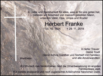 Traueranzeige von Herbert Franke von Fränkische Nachrichten