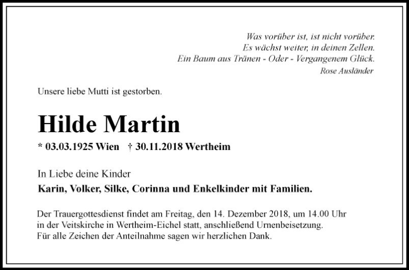  Traueranzeige für Hilde Martin vom 08.12.2018 aus Fränkische Nachrichten