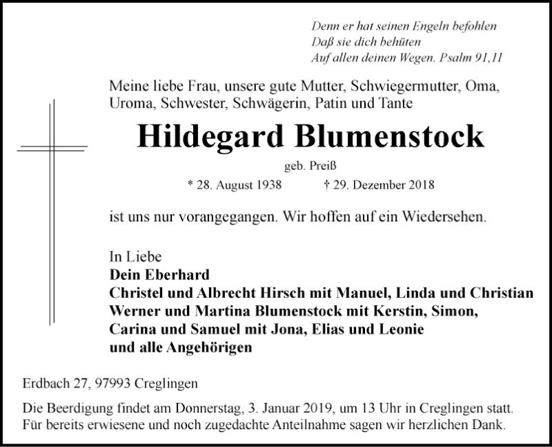  Traueranzeige für Hildegard Blumenstock vom 31.12.2018 aus Fränkische Nachrichten