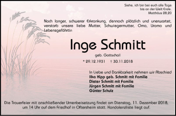 Traueranzeige von Inge Schmitz von Schwetzinger Zeitung