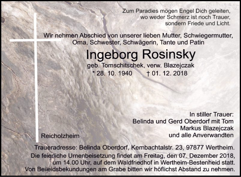  Traueranzeige für Ingeborg Rosinsky vom 04.12.2018 aus Fränkische Nachrichten