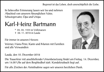 Traueranzeige von Karl-Heinz Bartmann von Fränkische Nachrichten