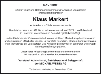 Traueranzeige von Klaus Markert von Fränkische Nachrichten