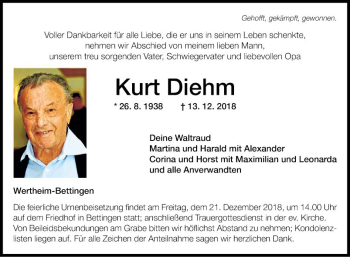 Traueranzeige von Kurt Diehm von Fränkische Nachrichten