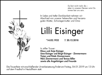 Traueranzeige von Lilli Eisinger von Schwetzinger Zeitung